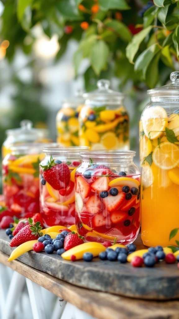 A colorful display of fruit-infused water in glass jars