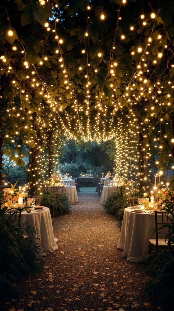 A romantic wedding backdrop featuring a canopy of fairy lights.