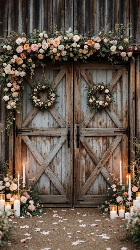Rustic barn door adorned with flowers and candles, creating a beautiful wedding ceremony backdrop.