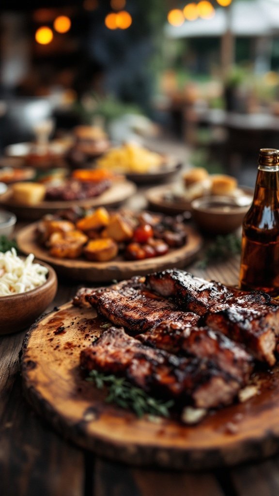 A rustic barbecue feast featuring grilled meats, sides, and drinks on wooden tables.