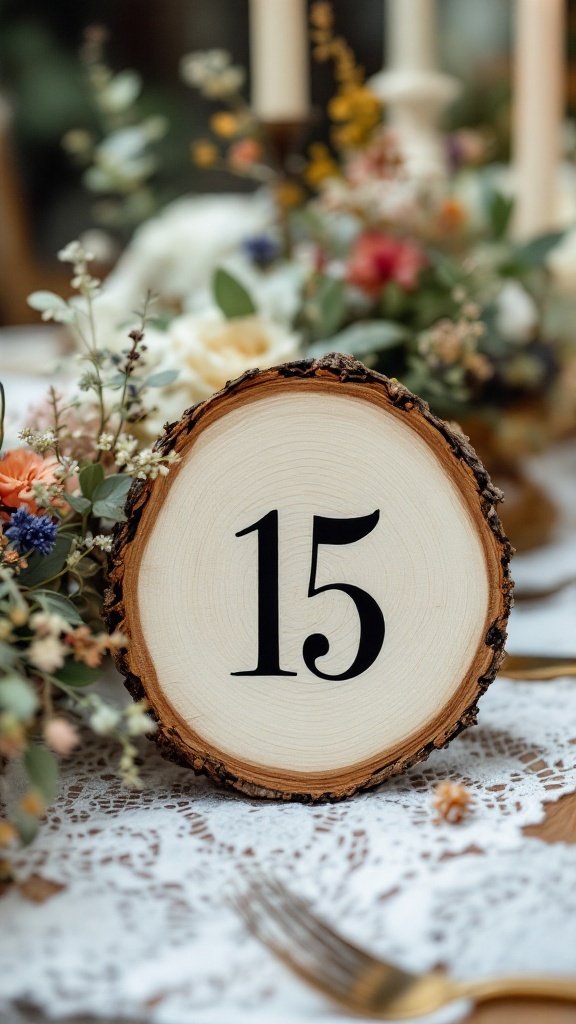 Rustic wood slice table number with floral decorations and lace.