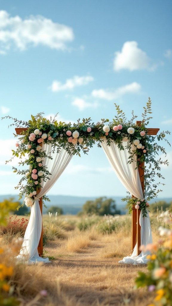 Rustic wooden arbor decorated with flowers and fabric in a natural outdoor setting
