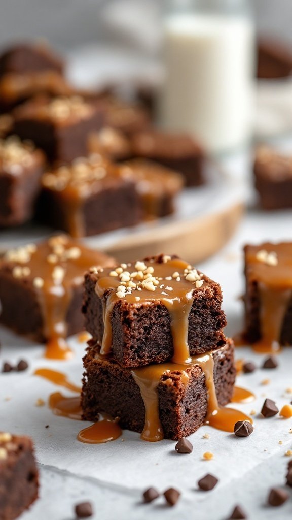 Delicious salted caramel brownie bites topped with nuts and caramel sauce.
