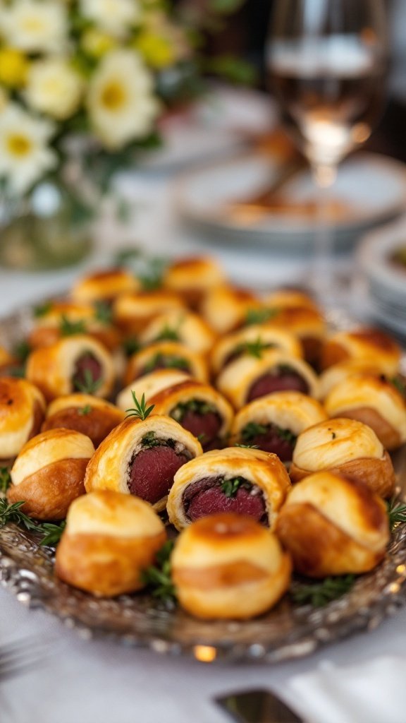 Plate of savory Beef Wellington bites on a table