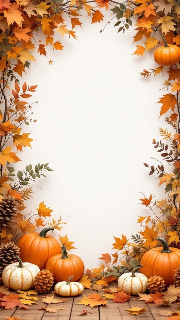 Autumn wedding backdrop with pumpkins and colorful leaves