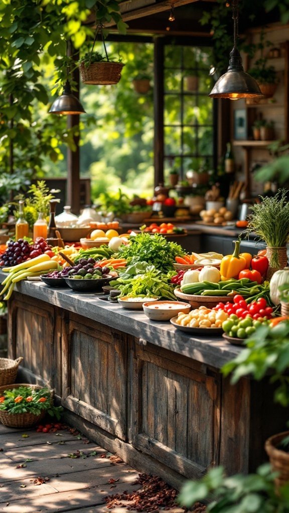A vibrant seasonal salad bar filled with fresh vegetables and fruits.