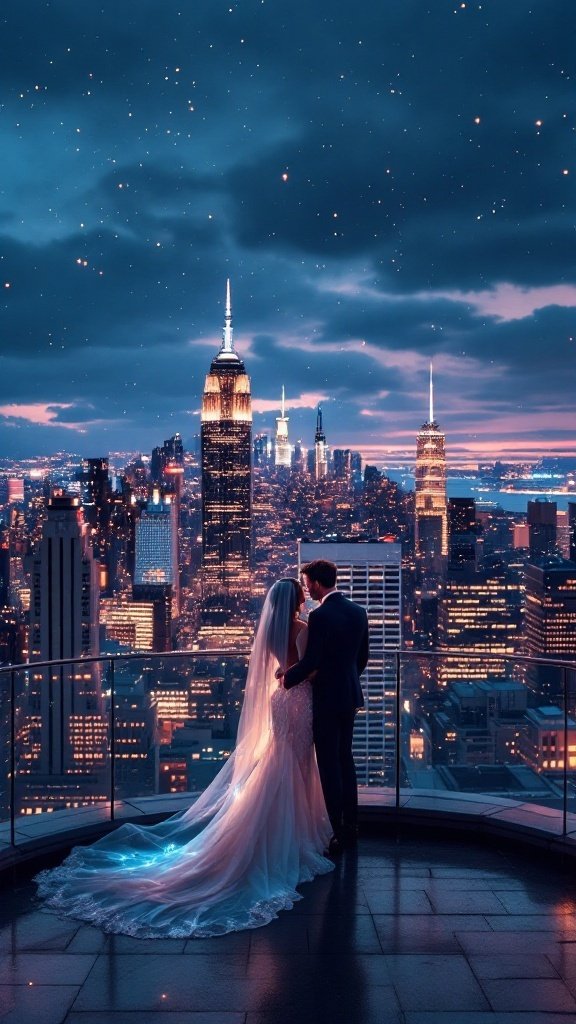 Couple standing together with a city skyline in the background