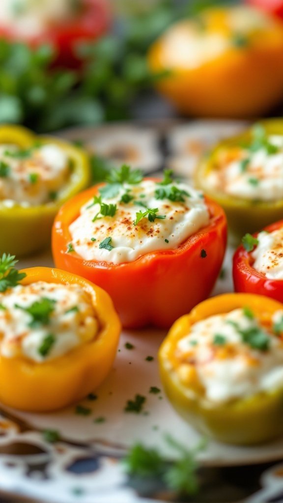 A platter of stuffed mini peppers filled with cream and garnished with herbs.