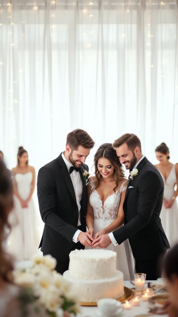 A couple cutting a wedding cake together surrounded by guests looking on