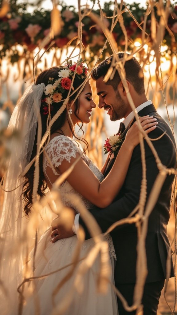 A couple embracing during a wedding ceremony, surrounded by floral decorations.