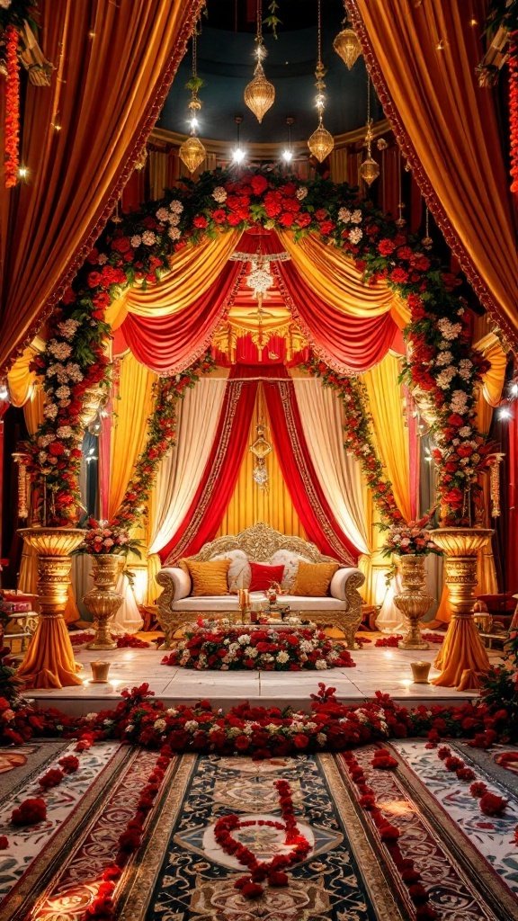 A beautifully decorated Hindu mandap with vibrant drapes and floral arrangements.