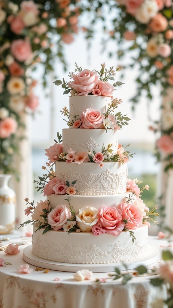 A beautifully decorated traditional wedding cake with pink roses and floral accents