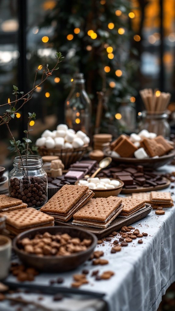 A beautifully arranged s'mores bar with graham crackers, marshmallows, and different types of chocolates.