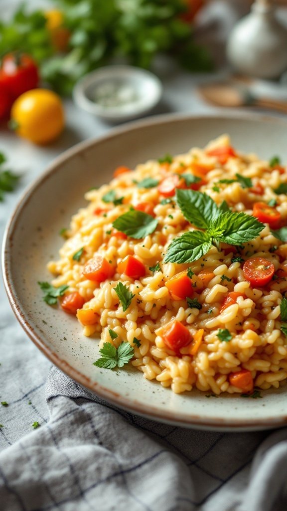 A serving of vegetarian risotto topped with fresh herbs and diced vegetables on a plate.