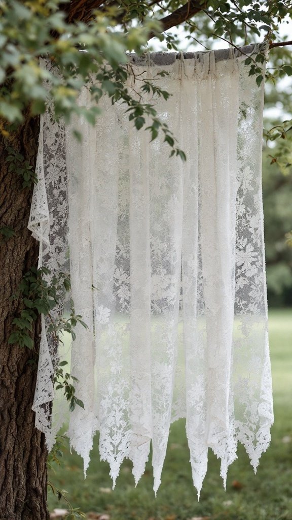 A vintage lace panel hanging from a tree, creating a delicate backdrop for a wedding ceremony.