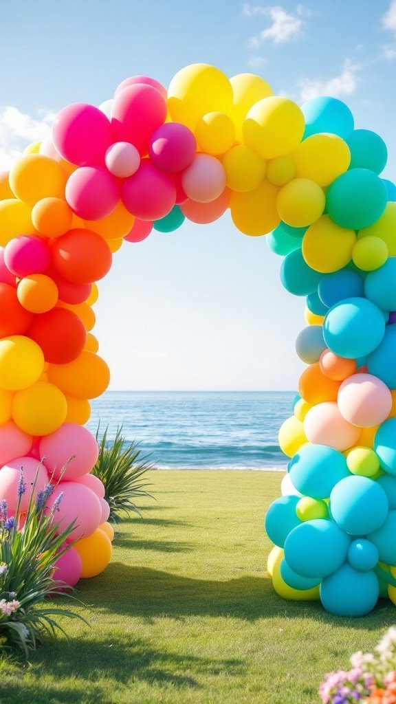 A colorful balloon arch with pink, yellow, and blue balloons set against a sunny sky and ocean view.