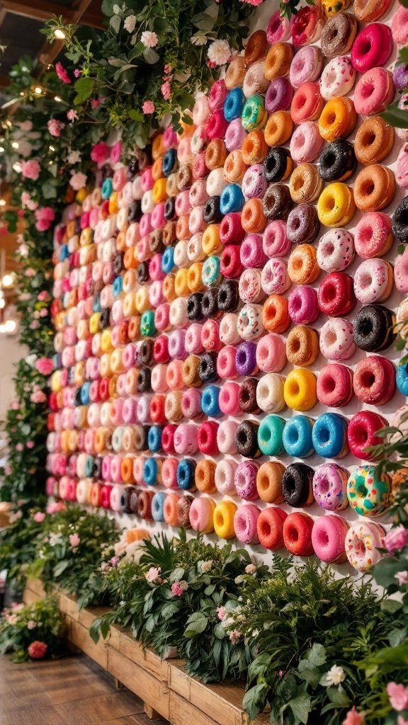 A colorful doughnut wall decorated with various doughnuts and flowers.