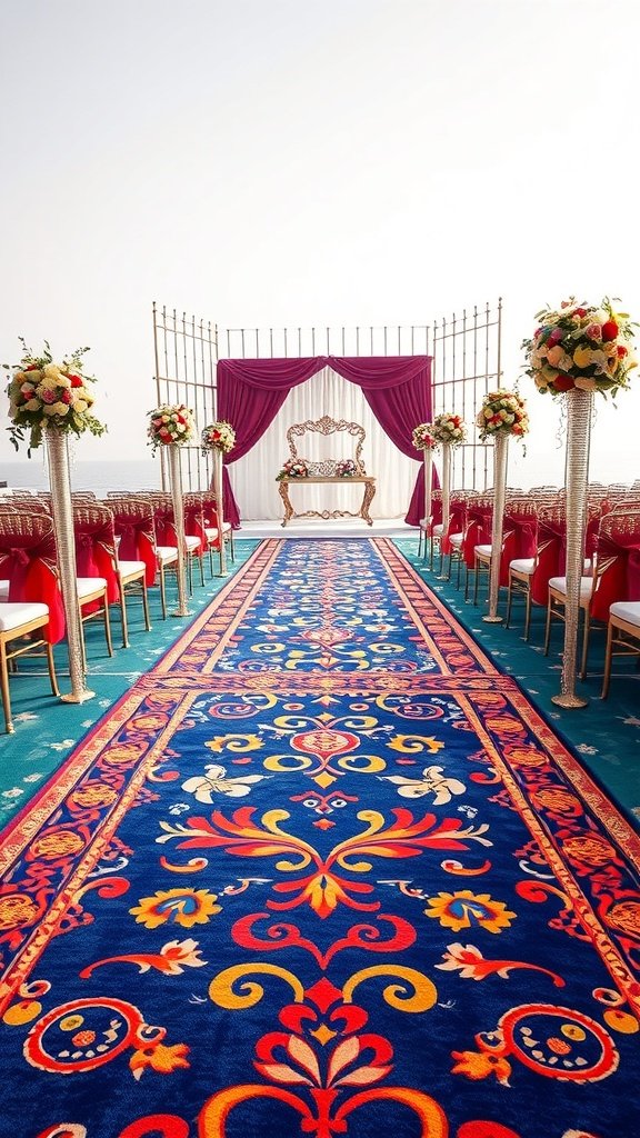 A wedding aisle inspired by Aladdin, featuring a colorful carpet, floral arrangements, and a decorative backdrop.