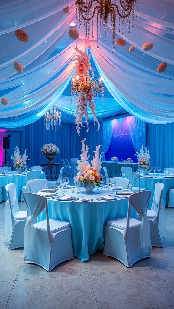 A beautifully decorated reception space with blue drapes, elegant chandeliers, and floral centerpieces, creating an underwater theme.