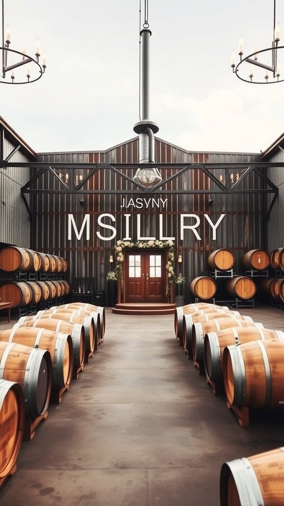 Interior of an artisan distillery with wooden barrels and industrial decor.