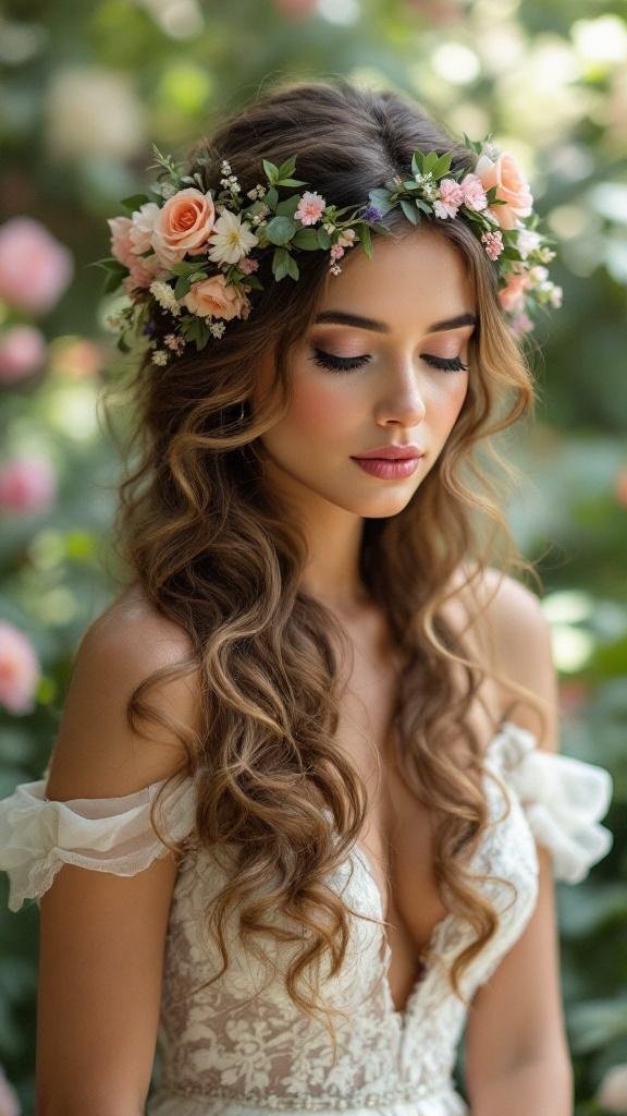 A bride wearing a floral hair chain with roses and greenery.