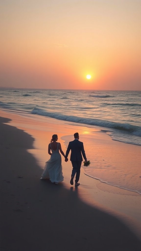 Couple walking on the beach during sunset, holding hands and enjoying the view.
