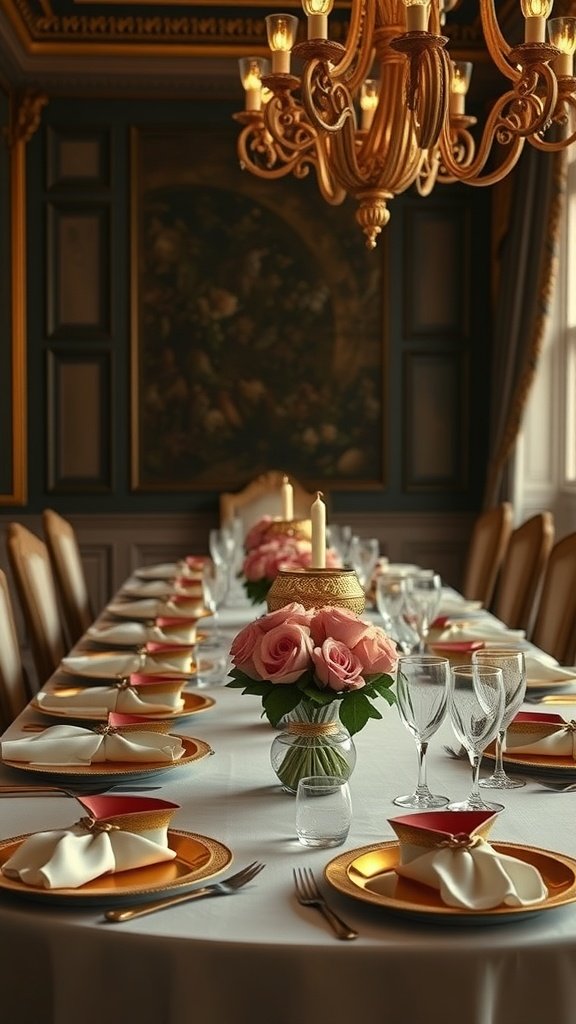 A beautifully set table inspired by Beauty and the Beast, featuring golden plates, pink roses, and elegant glassware.