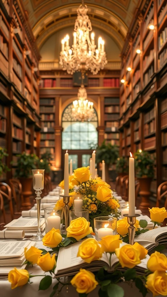 A beautifully arranged table in a library setting with yellow roses and candles.