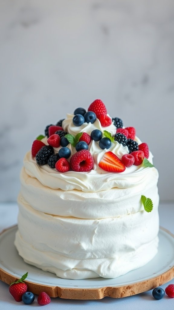 A beautiful berry pavlova cake topped with whipped cream and fresh berries.