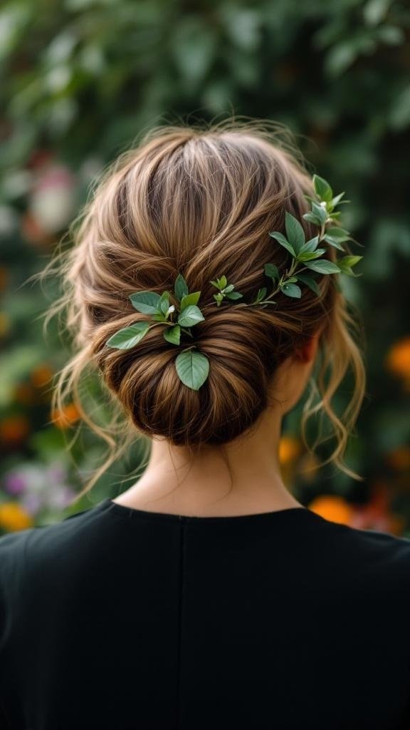 A woman with a bohemian chignon hairstyle adorned with greenery.