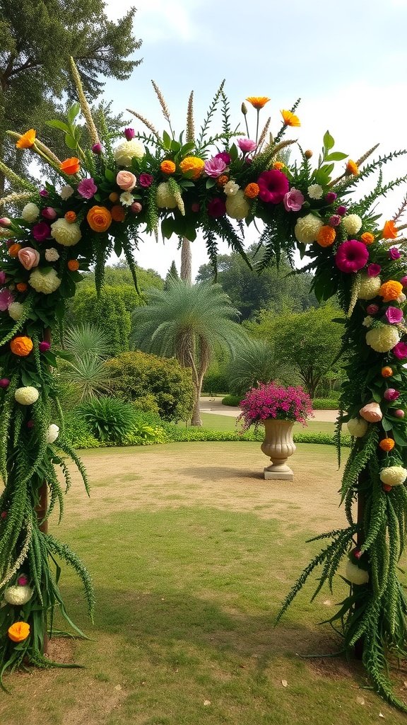 A beautiful floral arch adorned with colorful flowers and greenery, set in a lush garden.