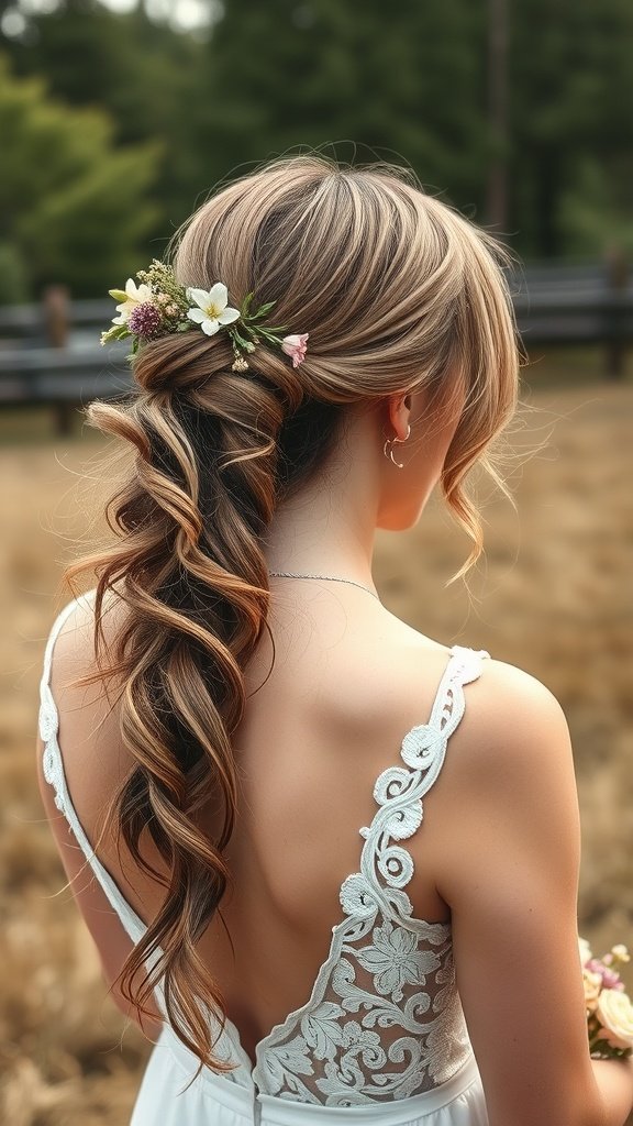 A bride with a bohemian loose ponytail adorned with flowers, showcasing a relaxed and stylish hairstyle.
