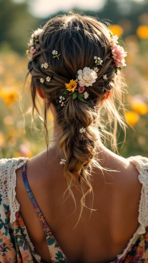 A woman with a boho chic ponytail adorned with various flowers, set against a field of blooms.
