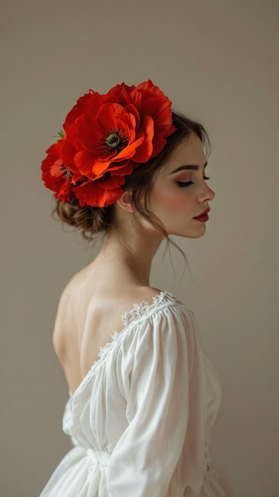 A bride with a bold red poppy hairpiece, showcasing vibrant flowers against a neutral background.