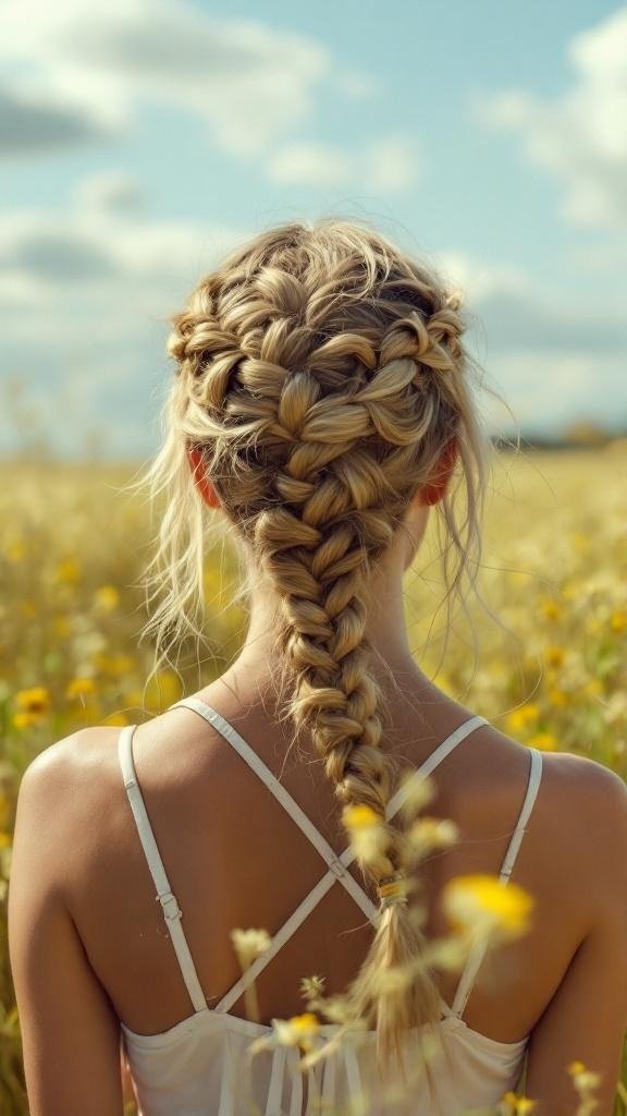 A woman with a braid crown hairstyle and loose strands in a field of flowers.