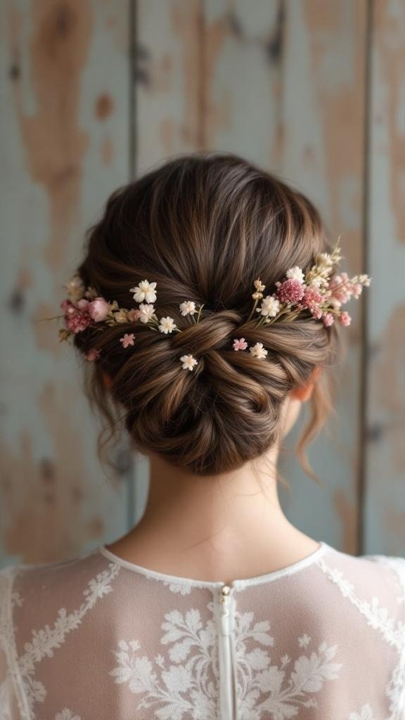 A braided updo adorned with dried flowers, showcasing a romantic and bohemian style.