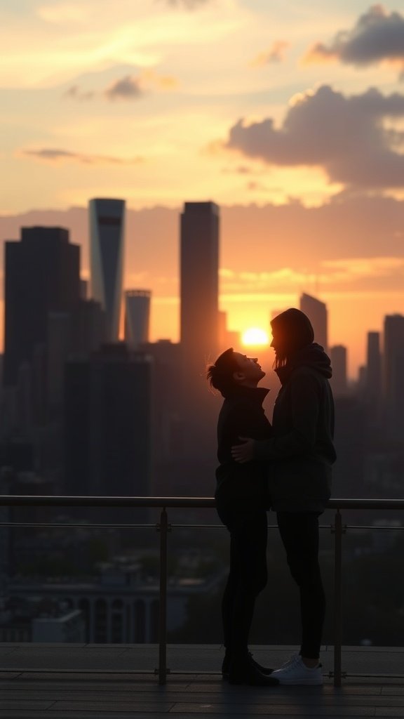 Couple silhouetted against a sunset with a city skyline in the background.