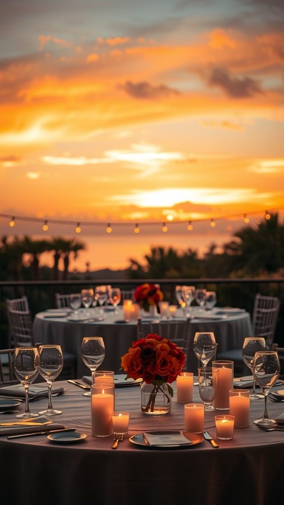 A beautifully set table with candles and flowers, overlooking a sunset.
