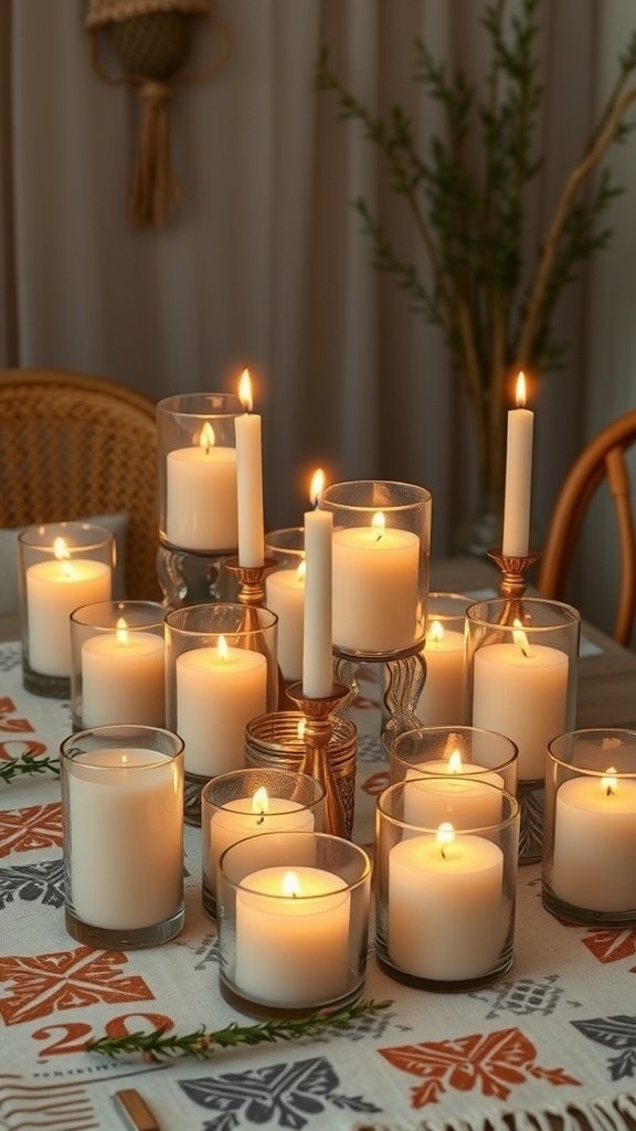 A collection of candles in glass holders on a table, creating a warm and inviting atmosphere.