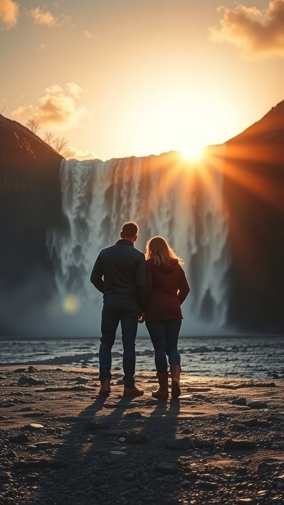 Couple standing in front of a waterfall during sunset.