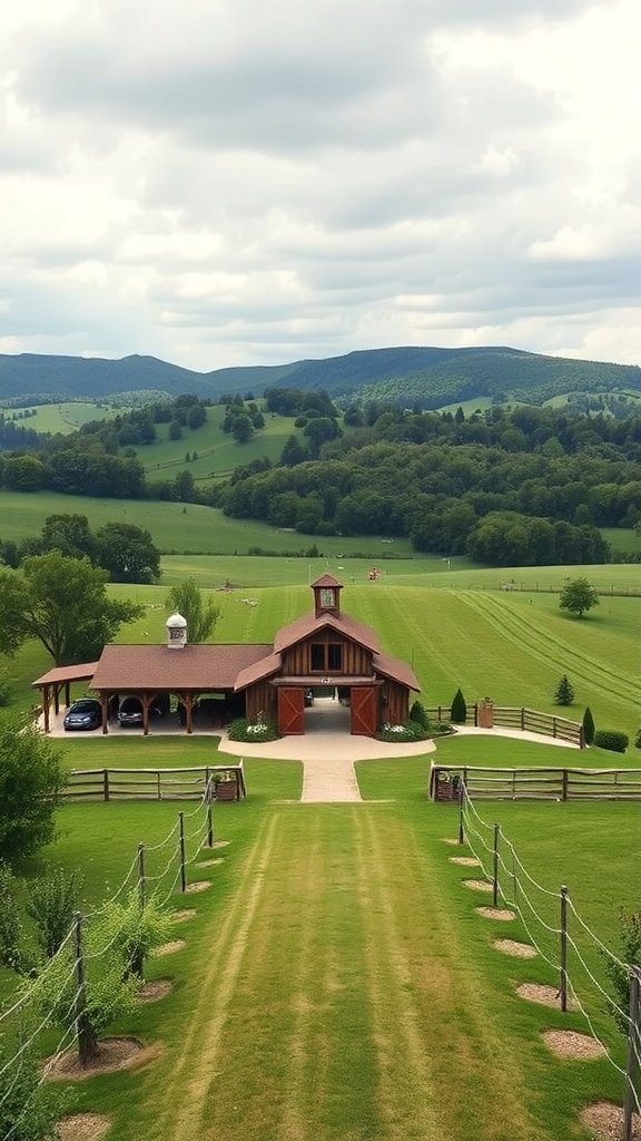 A scenic view of a rustic barn surrounded by green hills and trees.