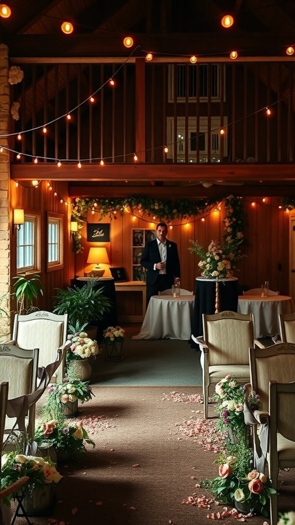 A beautifully decorated rustic cottage interior for a wedding ceremony with floral arrangements and soft lighting.