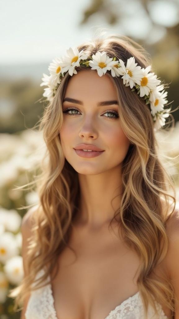 A bride wearing a charming daisy hairband, surrounded by a field of daisies.