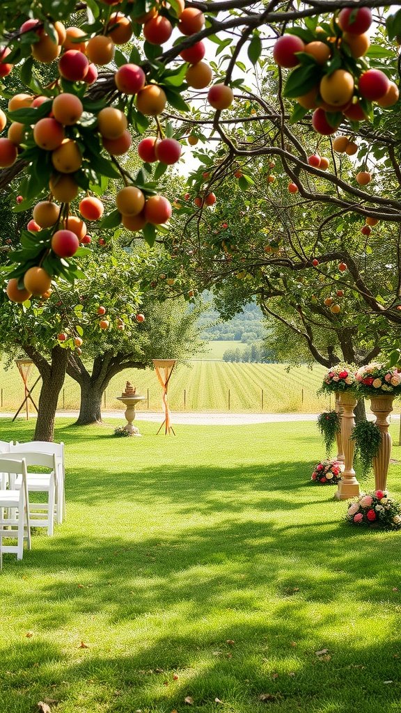 A picturesque orchard setting with fruit-laden trees and a wedding altar.
