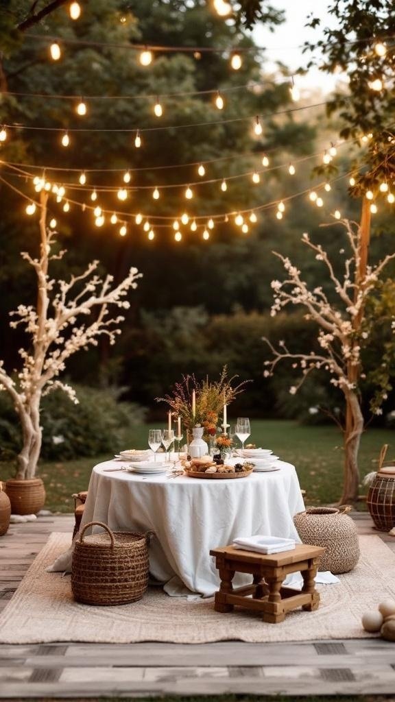 A beautifully decorated outdoor space with string lights, a table set for a bridal shower, and decorative elements.