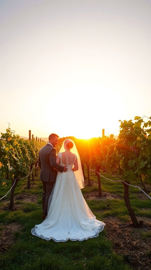 Couple standing in a vineyard at sunset, surrounded by grapevines.