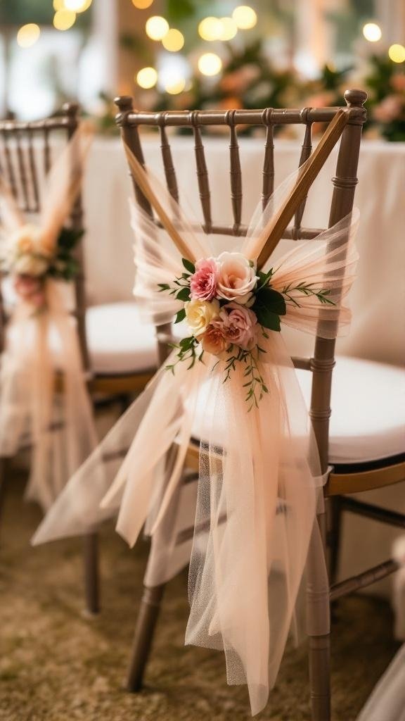 Chic chair decorations with tulle and flowers