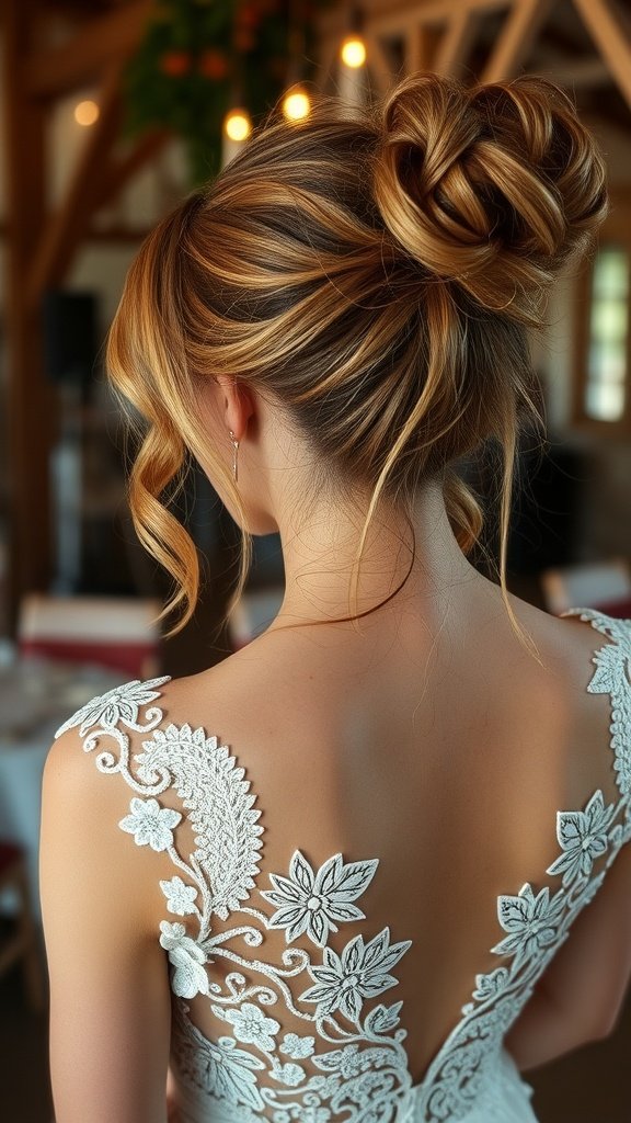 A bride with a chic messy ponytail hairstyle, showcasing loose strands and a relaxed vibe.