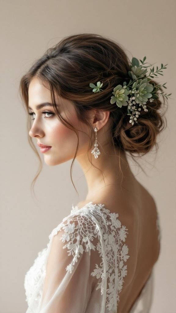 A bride with a chic succulent hairpiece, featuring soft greens and delicate blooms.