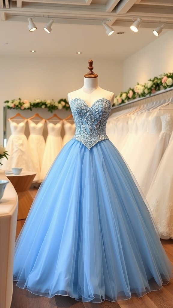 Cinderella-inspired blue ball gown with a sparkling bodice displayed in a bridal shop